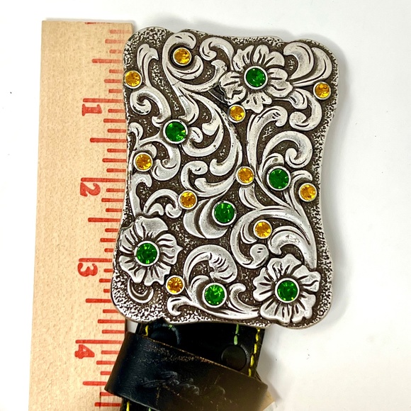 John Deere women's Black Embossed Leather Belt with Rhinestone Buckle sz XL NWOT - Picture 7 of 16